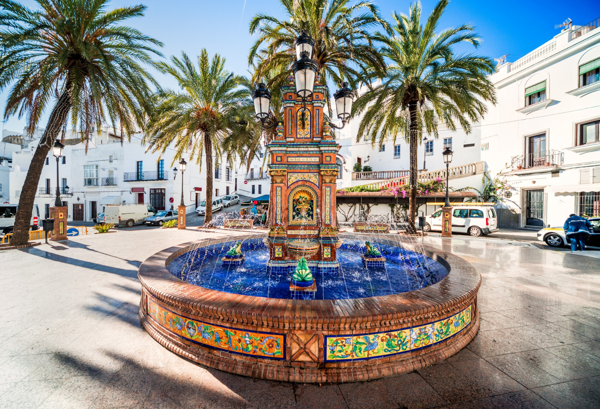 Ornate tiled fountain in Plaza de España, Vejer de la Frontera, Andalusia