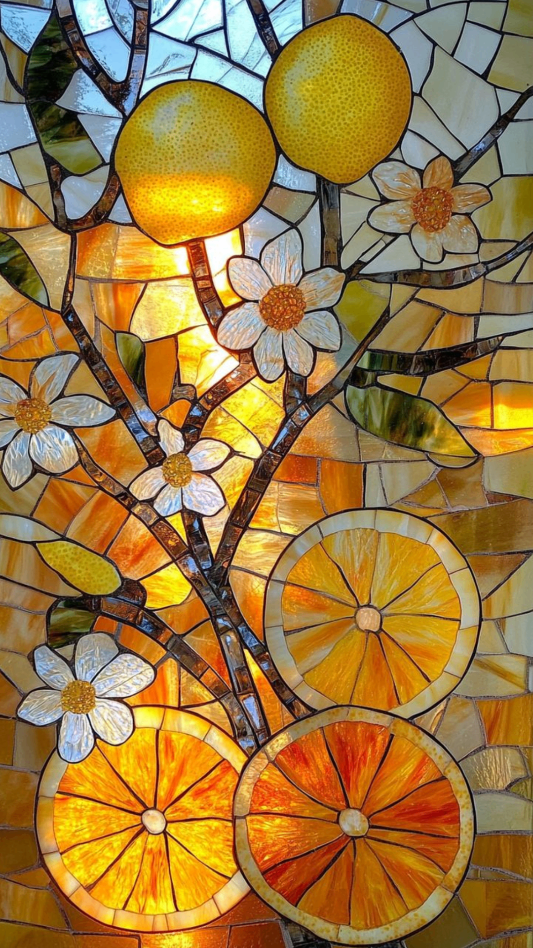 Stained glass of lemons, blossoms and orange slices glowing amber