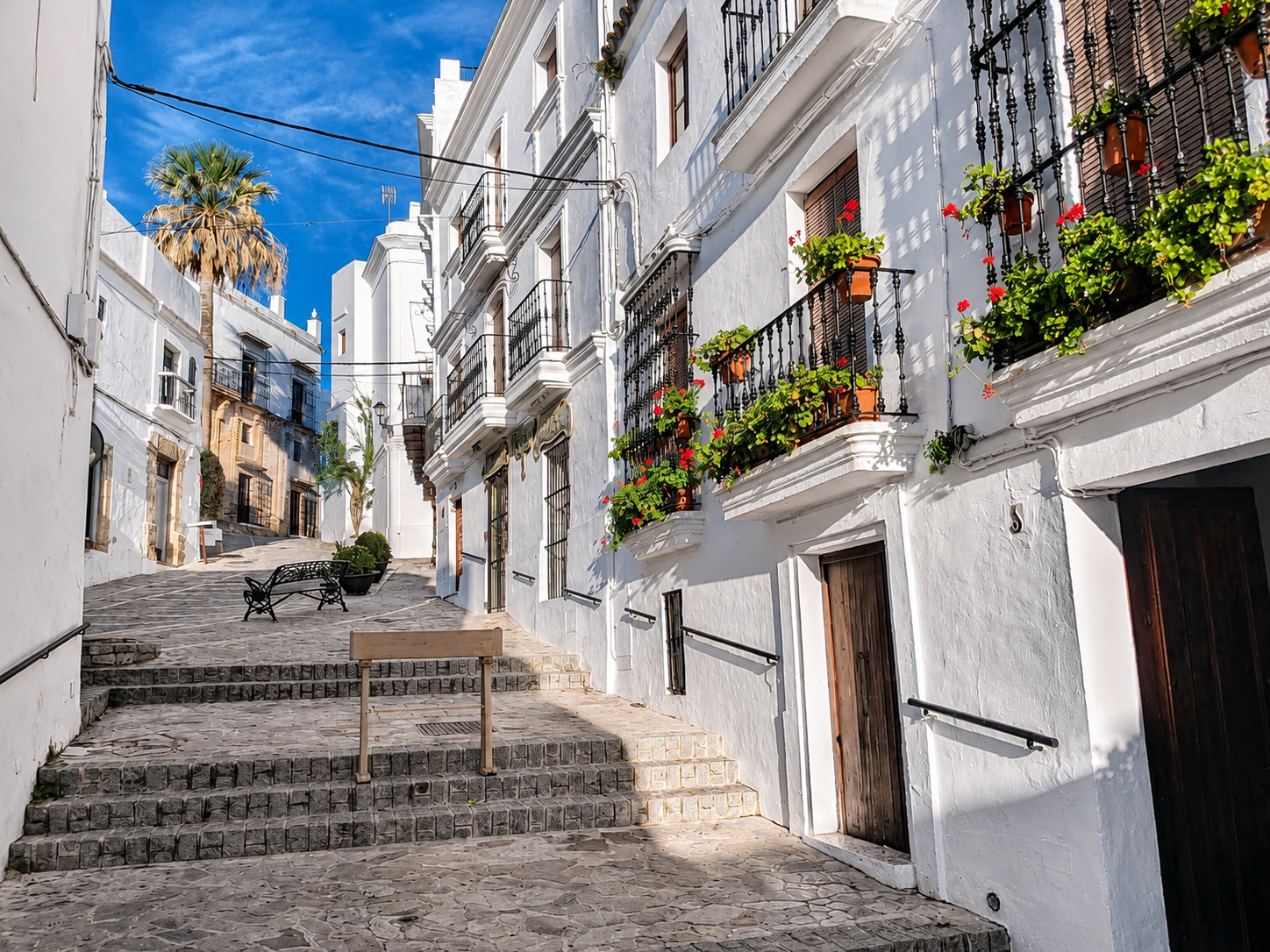 A quiet whitewashed street in Vejer de la Frontera with stone steps, wrought-iron balconies and red geraniums